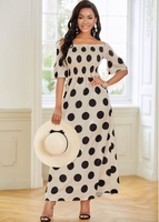 Shirred Polka Dot Off Shoulder Dress