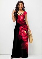 Short Sleeve Floral Print Cross Strap Dress