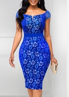 Short Sleeve Lace Patchwork Royal Blue Dress