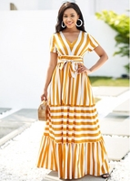 Short Sleeve Striped V Neck Belted Dress