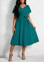 Short Sleeve V Neck Turquoise Belted Dress