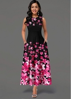 Side Pocket Sleeveless Floral Print Maxi Dress