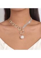 Silver Rhinestone Pearl Circular Shape Detail Necklace