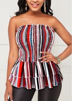 Smocked Layered Ruffle Hem Striped Tank Top