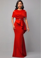 Solid Cold Shoulder Belted Short Sleeve Round Neck Dress