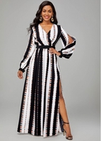 Striped Side Slit Long Sleeve V Neck Dress