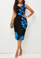 Valentines Butterfly Print Sleeveless Blue Bodycon Dress