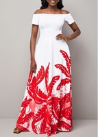 White Leaf Print Off Shoulder Dress