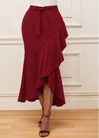Wine Red Asymmetric Hem High Waisted Skirt