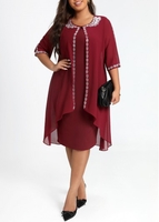Wine Red Plus Size Fake 2in1 Dress