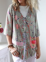 A-Line Color-Block Half Sleeve V Neck Causal Tops