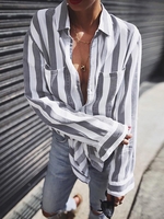 As Picture Long Sleeve Cotton V Neck Blouses&shirts