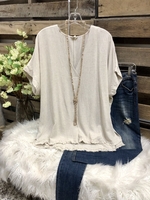Beige Cotton-Blend V Neck Solid Short Sleeve T-Shirts - Noracora
