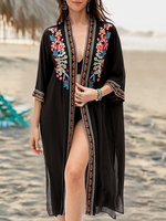 Black 3/4 Sleeve Floral Dresses - Noracora