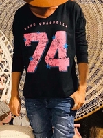 Black Cotton-Blend Crew Neck Long Sleeve Causal Tops - Noracora