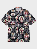 Black Statement Paneled Shirt Collar Skull Men-Shirts - Noracora
