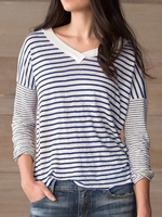 Blue Casual Cotton-Blend Striped Causal Tops - Noracora