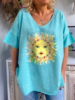 Blue Casual V Neck T-Shirts - Noracora