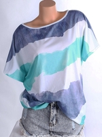 Blue Cotton-Blend Casual Short Sleeve T-Shirts - Noracora