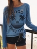 Blue Cotton-Blend Crew Neck Long Sleeve T-Shirts