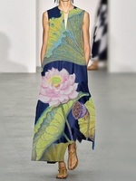 Blue Cotton-Blend Floral Holiday Dresses - Noracora