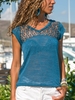 Blue Cotton-Blend Paneled V Neck Short Sleeve Tanks & Camis - Noracora