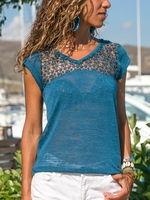 Blue Cotton-Blend Paneled V Neck Short Sleeve Tanks & Camis - Noracora