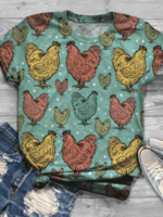 Blue Cotton-Blend Short Sleeve Crew Neck Printed T-Shirts - Noracora