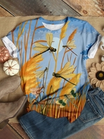 Blue Cotton-Blend Short Sleeve Round Neck T-Shirts - Noracora