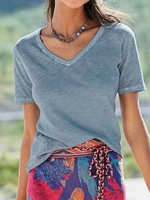 Blue Cotton-Blend Short Sleeve T-Shirts - Noracora