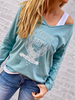 Blue Cotton Casual Letter V Neck Causal Tops - Noracora