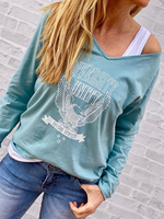 Blue Cotton Casual Letter V Neck Causal Tops - Noracora