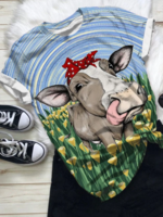 Blue Crew Neck Short Sleeve T-Shirts - Noracora