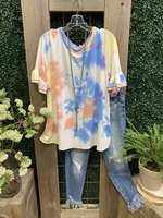 Blue Dip-Dyed Short Sleeve Round Neck T-Shirts - Noracora