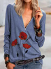 Blue Floral Boho Long Sleeve V Neck Casual Tops - Noracora
