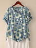 Blue Floral-Print Round Neck Casual Cotton-Blend T-Shirts - Noracora