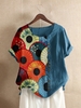 Blue Floral Short Sleeve Cotton-Blend T-Shirts - Noracora