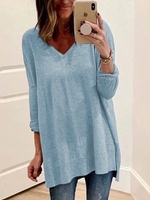 Blue Gray Casual Cotton-Blend V Neck Blouses&shirts