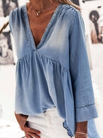 Blue Long Sleeve Denim V Neck Causal Tops - Noracora