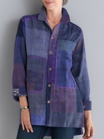 Blue Long Sleeve Plain Shirt Collar Blouses&shirts