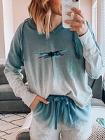 Blue Long Sleeve Printed Causal Tops - Noracora