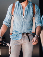 Blue Plain Cotton-Blend Casual Crew Neck Men-Shirts - Noracora