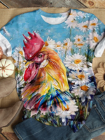 Blue Printed Cotton-Blend Short Sleeve T-Shirts - Noracora