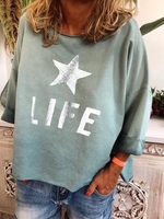 Blue Printed Cotton Casual Letter Causal Tops - Noracora