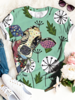 Blue Printed Crew Neck Short Sleeve Cotton-Blend T-Shirts - Noracora