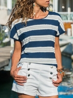 Blue Printed Short Sleeve Casual T-Shirts - Noracora