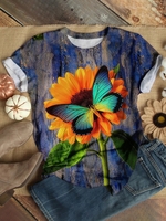 Blue Round Neck Cotton-Blend Short Sleeve T-Shirts - Noracora