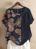 Blue Round Neck Floral-Print Short Sleeve Cotton T-Shirts - Noracora