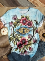 Blue Round Neck Short Sleeve T-Shirts - Noracora