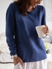 Blue Round Neck Simple Cotton Long Sleeve Sweaters - Noracora